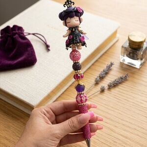 Sparkling Pink Beaded Doll-Top Pen - Women Accessories Dolls & Accessories